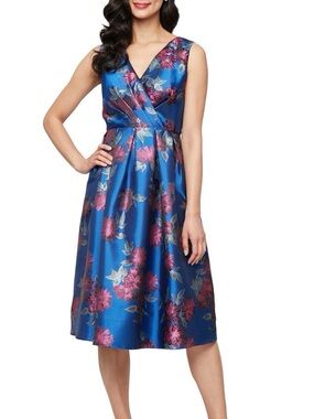 SLANE Blue Satin Floral V-Neck Dress with Pink Floral Accents